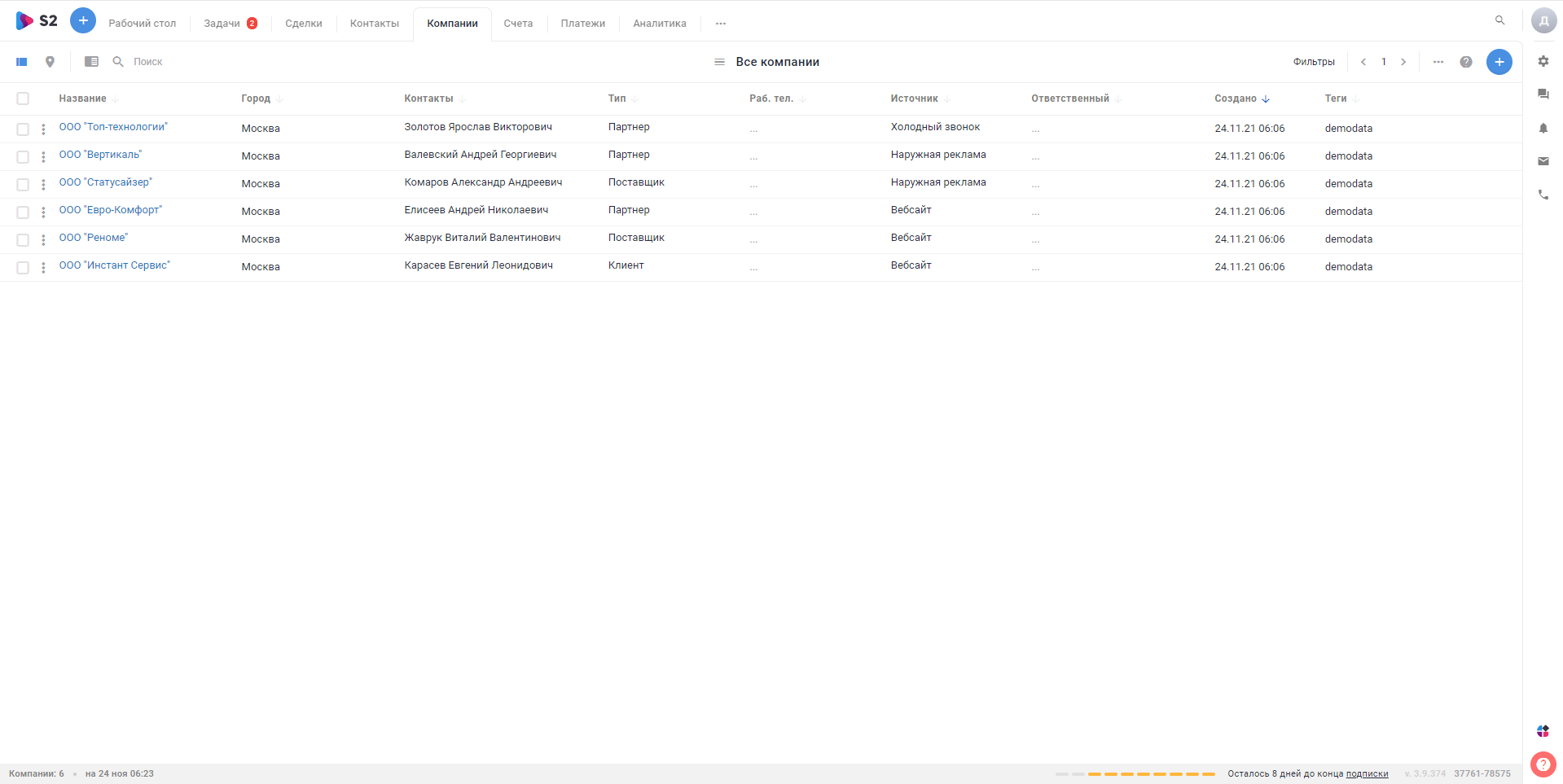 S2 CRM все компании