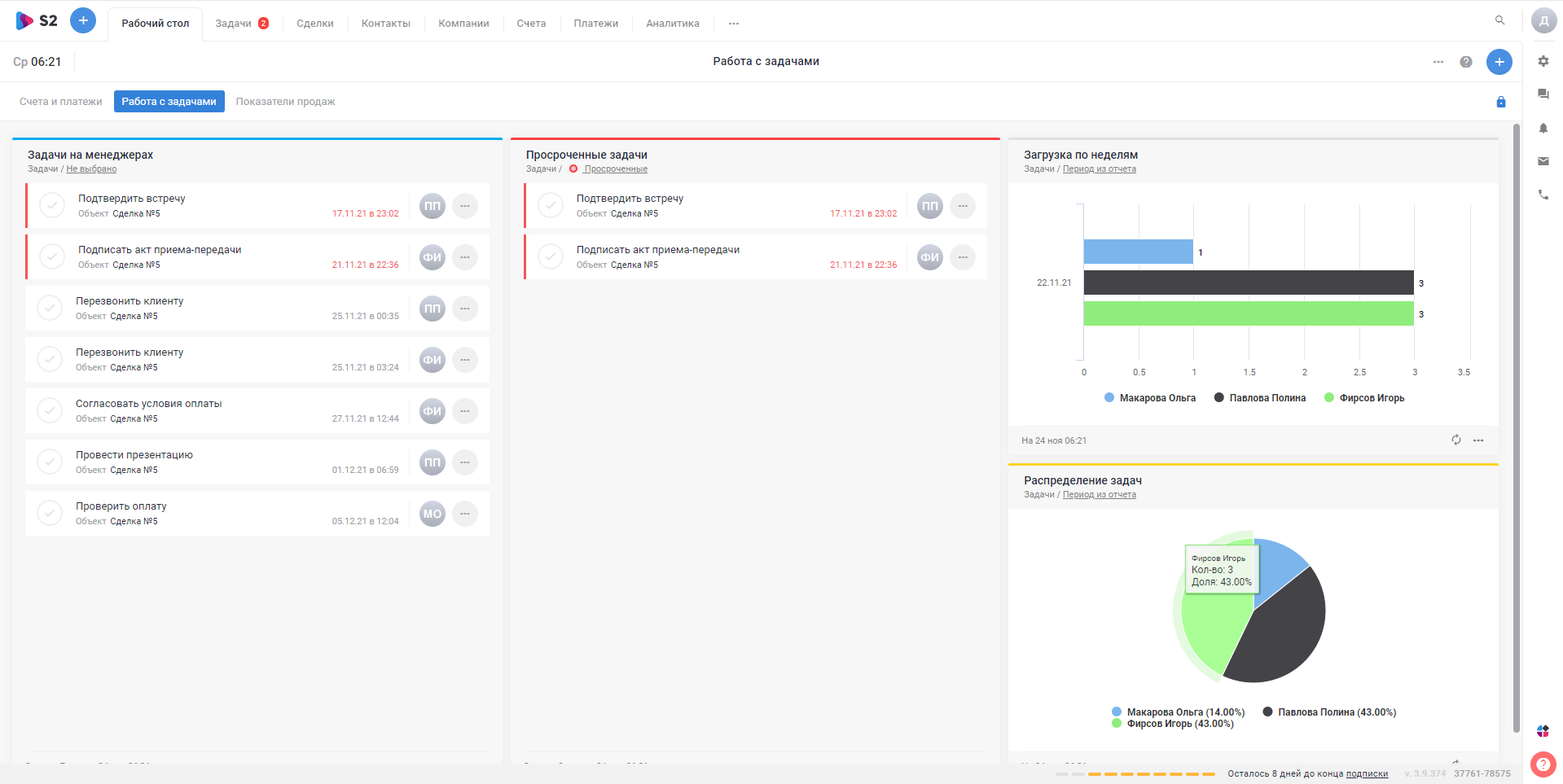 S2 CRM работа с задачами