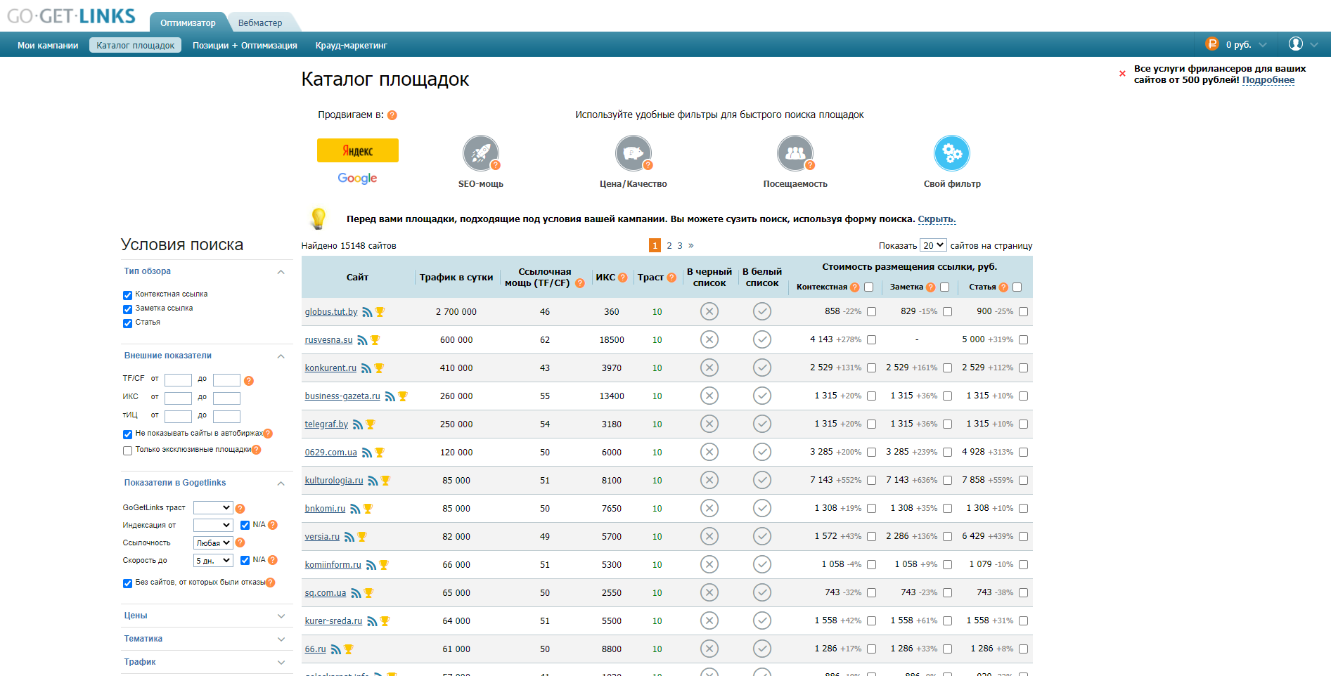 Биржа Gogetlinks