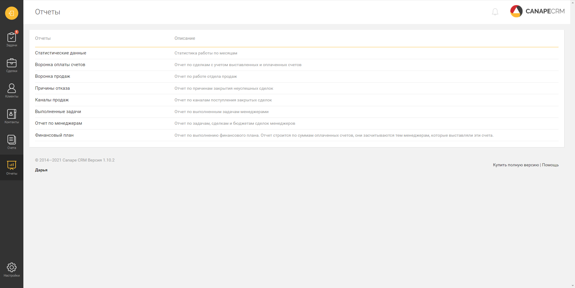 Canape CRM отчеты